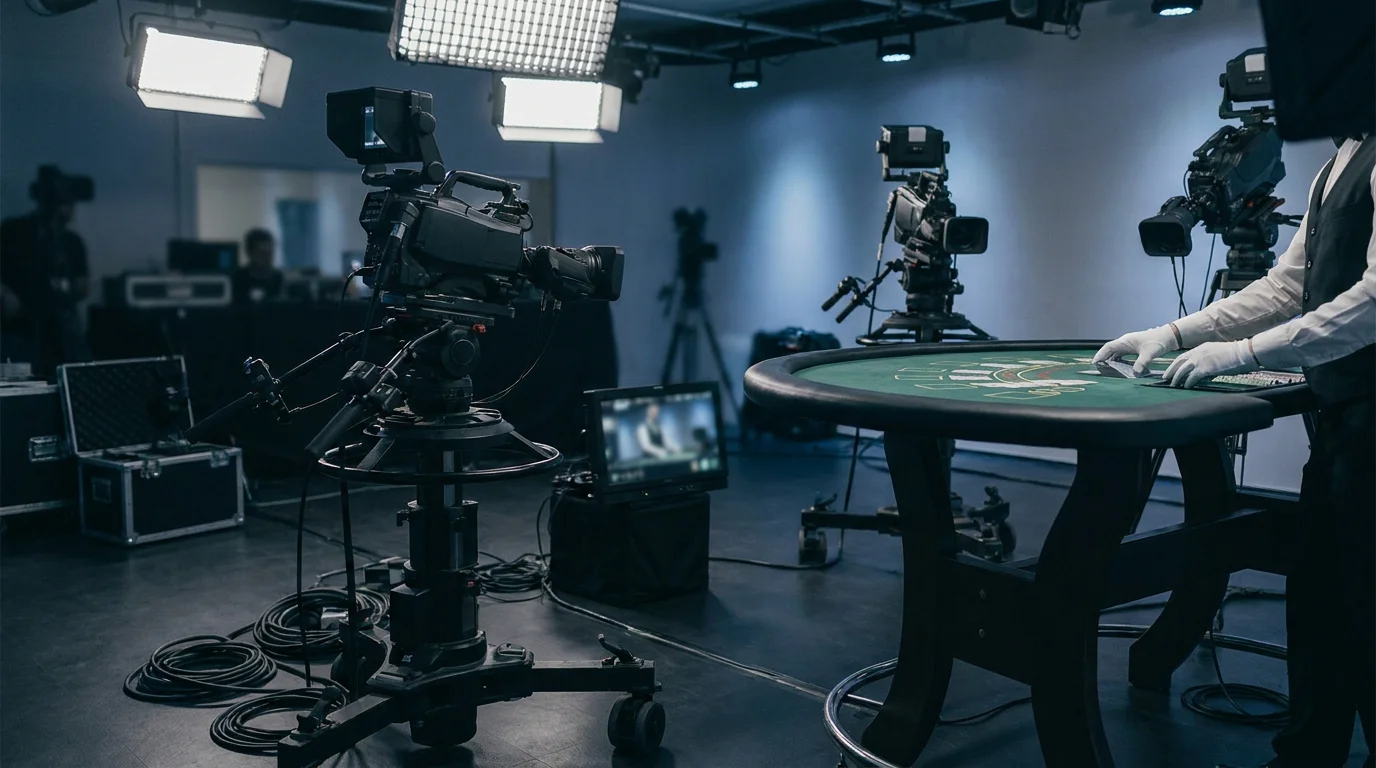Live-Casino-Studio mit Kameras und Kartentisch für den Stream