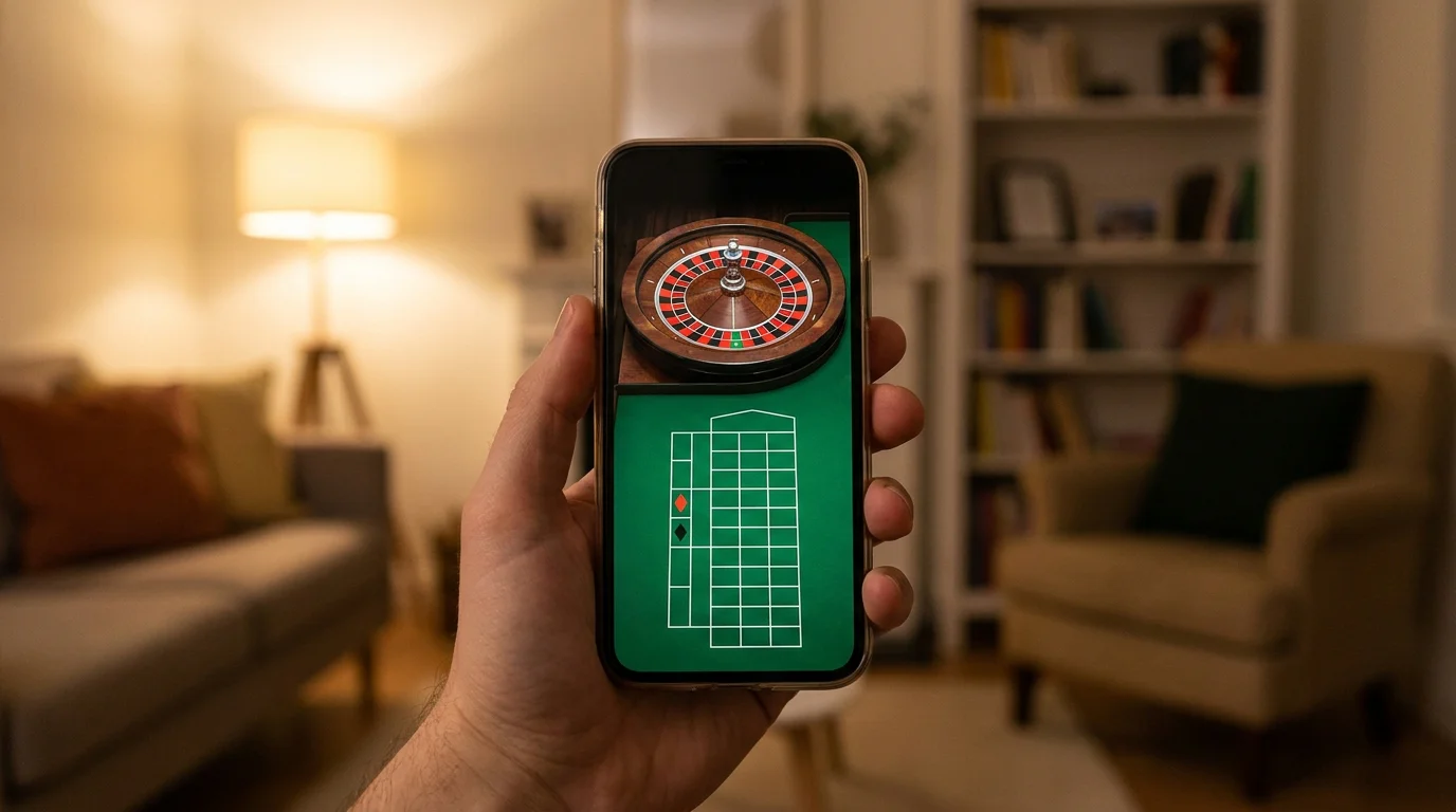 Smartphone im Hochformat zeigt einen Live-Roulette-Kessel in einer neutralen Oberfläche