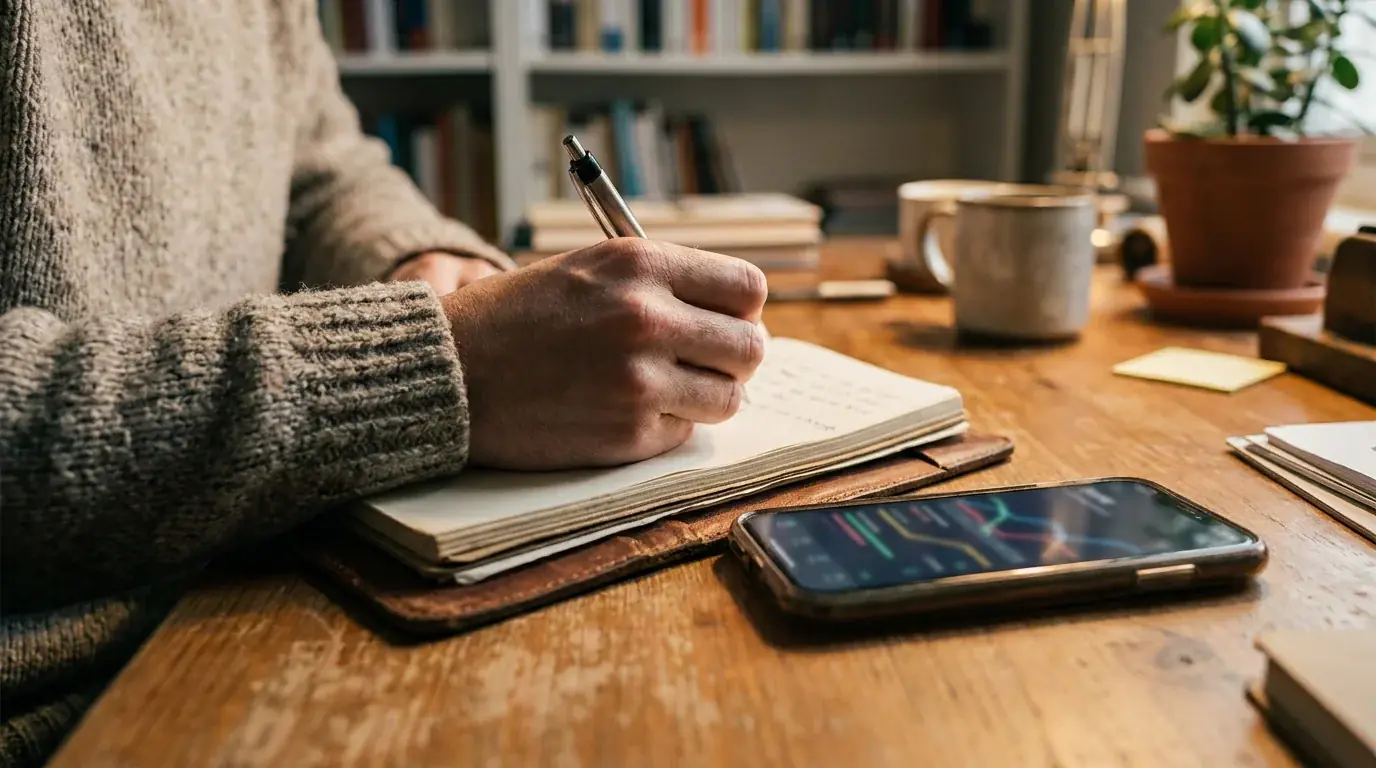 Person notiert Zahlen mit Stift in einem Notizbuch neben einem Smartphone mit neutraler Kontoübersicht