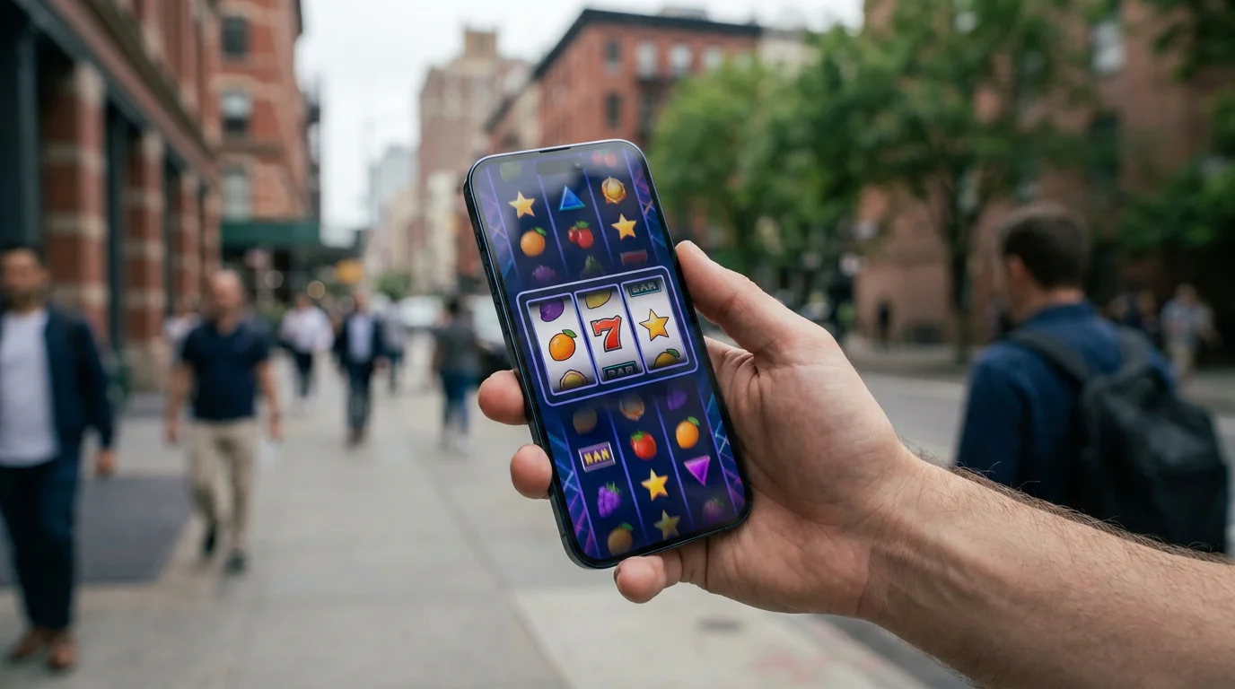 Smartphone mit Casino-App und Spielautomaten