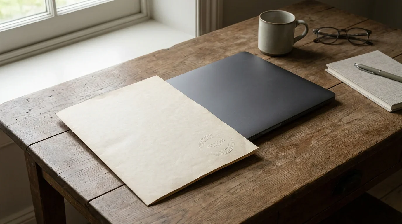 Amtliches Dokument mit Stempel neben einem Laptop mit neutraler Oberfläche