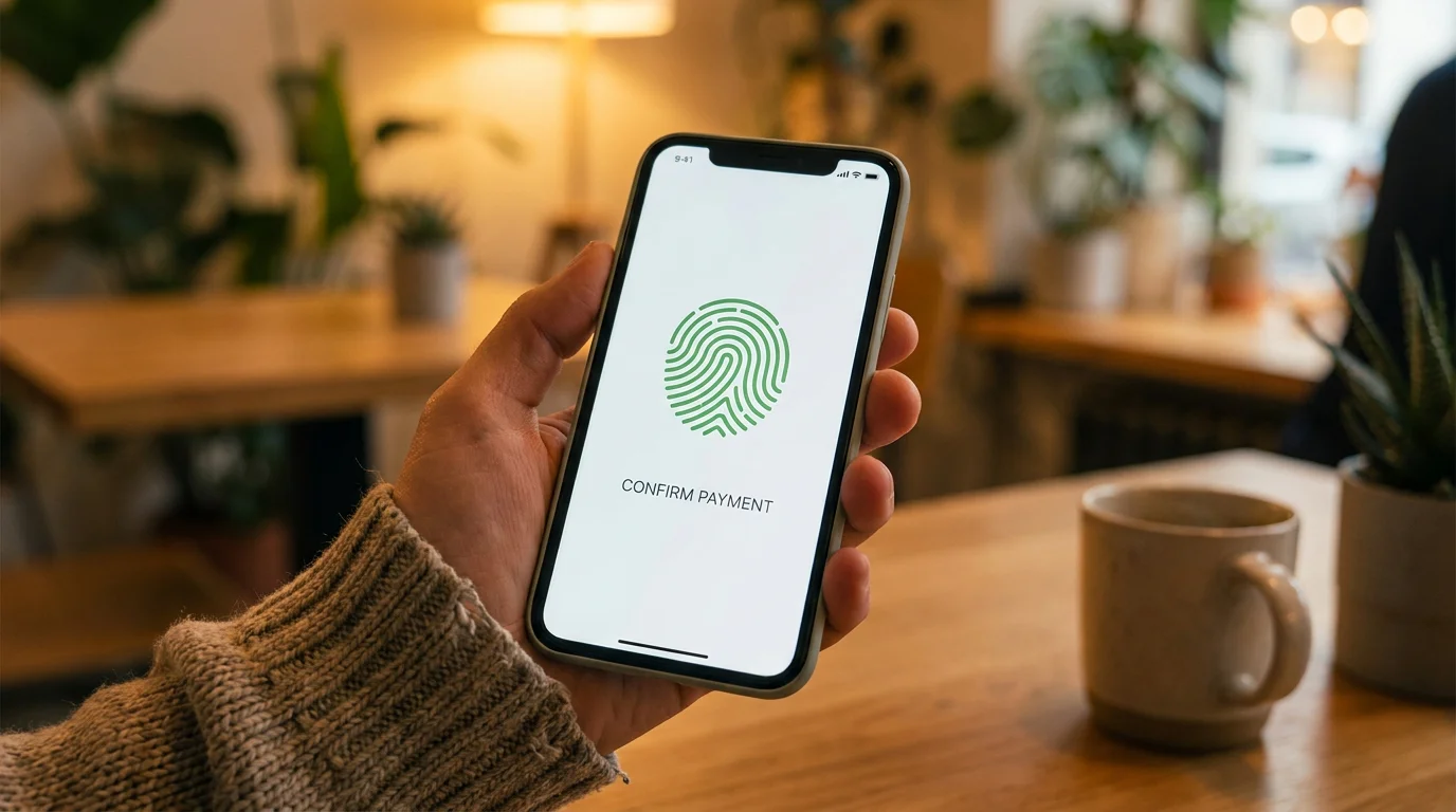 Hand hält Smartphone mit geöffneter Zahlungs-App und Fingerabdruck-Bestätigung