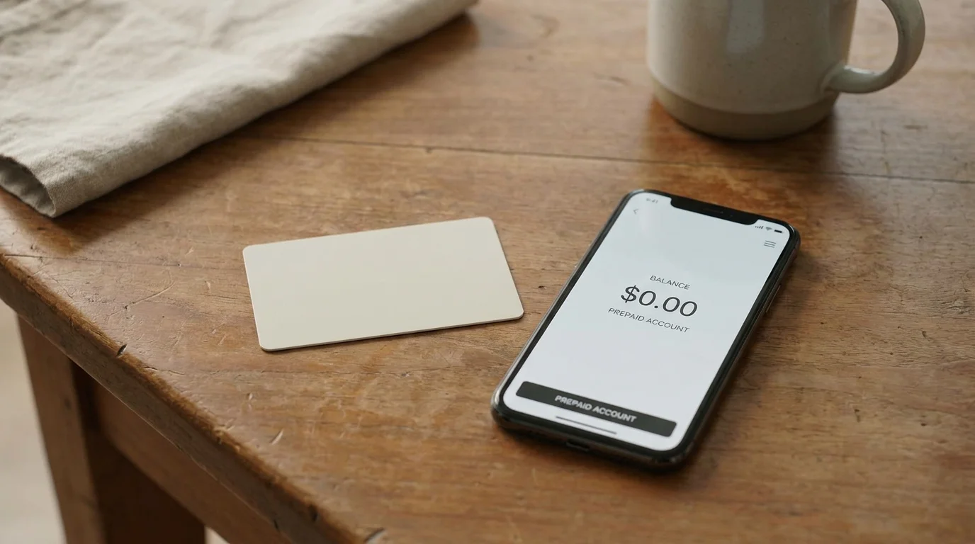 Prepaid-Karte liegt neben einem Smartphone mit Wallet-Guthaben auf einem Holztisch