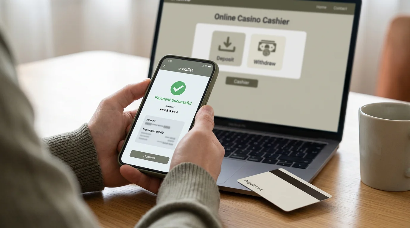 Hände mit Smartphone bei einer Neteller-Einzahlung im Casino-Kassenbereich