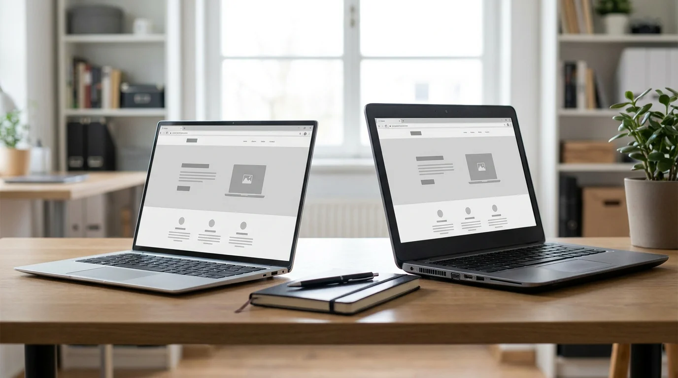 Zwei Laptops nebeneinander auf einem Schreibtisch mit unterschiedlich gestalteten Websites