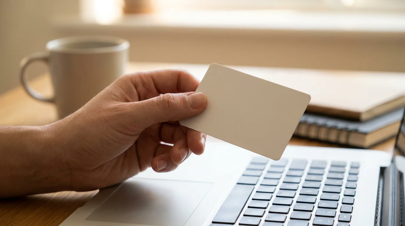 Hand hält einen Prepaid-Gutschein über einer Tastatur für eine kleine Einzahlung