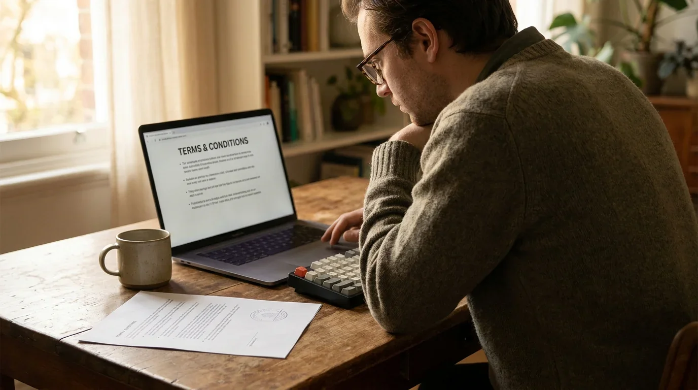 Spieler prüft die Auszahlungsbedingungen eines Online Casinos am Laptop