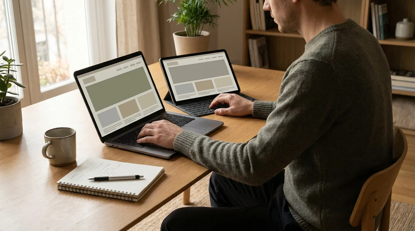 Person vergleicht am Laptop mehrere Online Casino Anbieter mit Kreditkarte