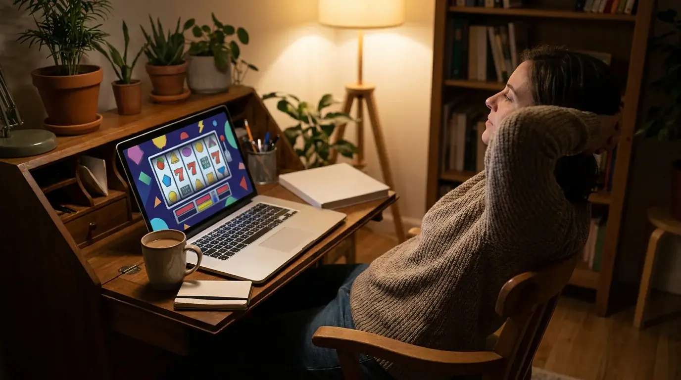 Spieler testet einen Online-Spielautomaten im Demo-Modus am Laptop