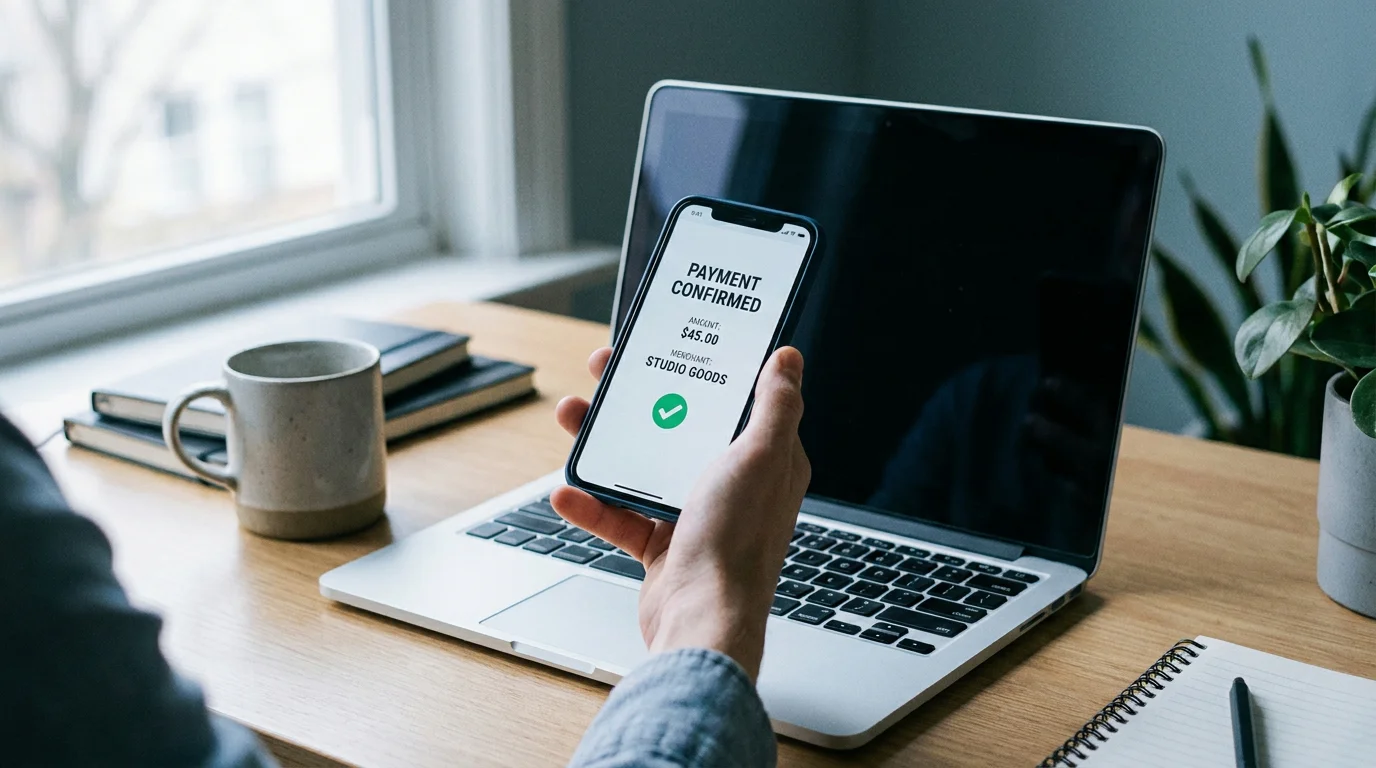 Person bestätigt am Smartphone eine Zahlung, daneben ein Laptop mit neutraler Kassenoberfläche