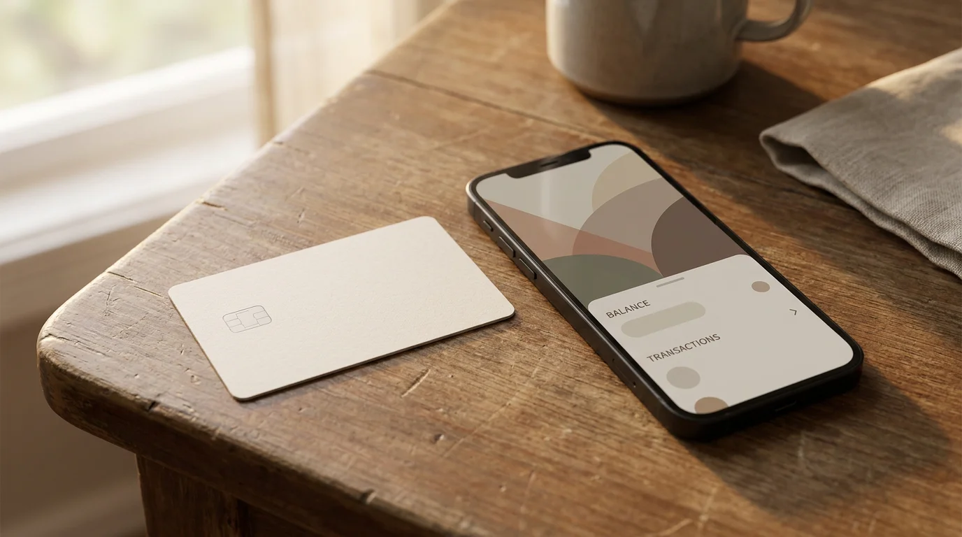 Prepaid-Gutschein und Smartphone mit neutraler Wallet-Ansicht auf einem Tisch