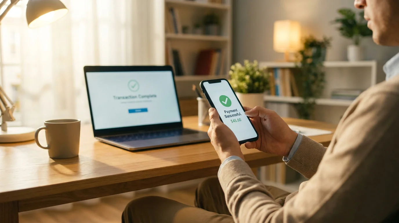 Person receiving payment notification on smartphone next to a laptop with casino balance screen