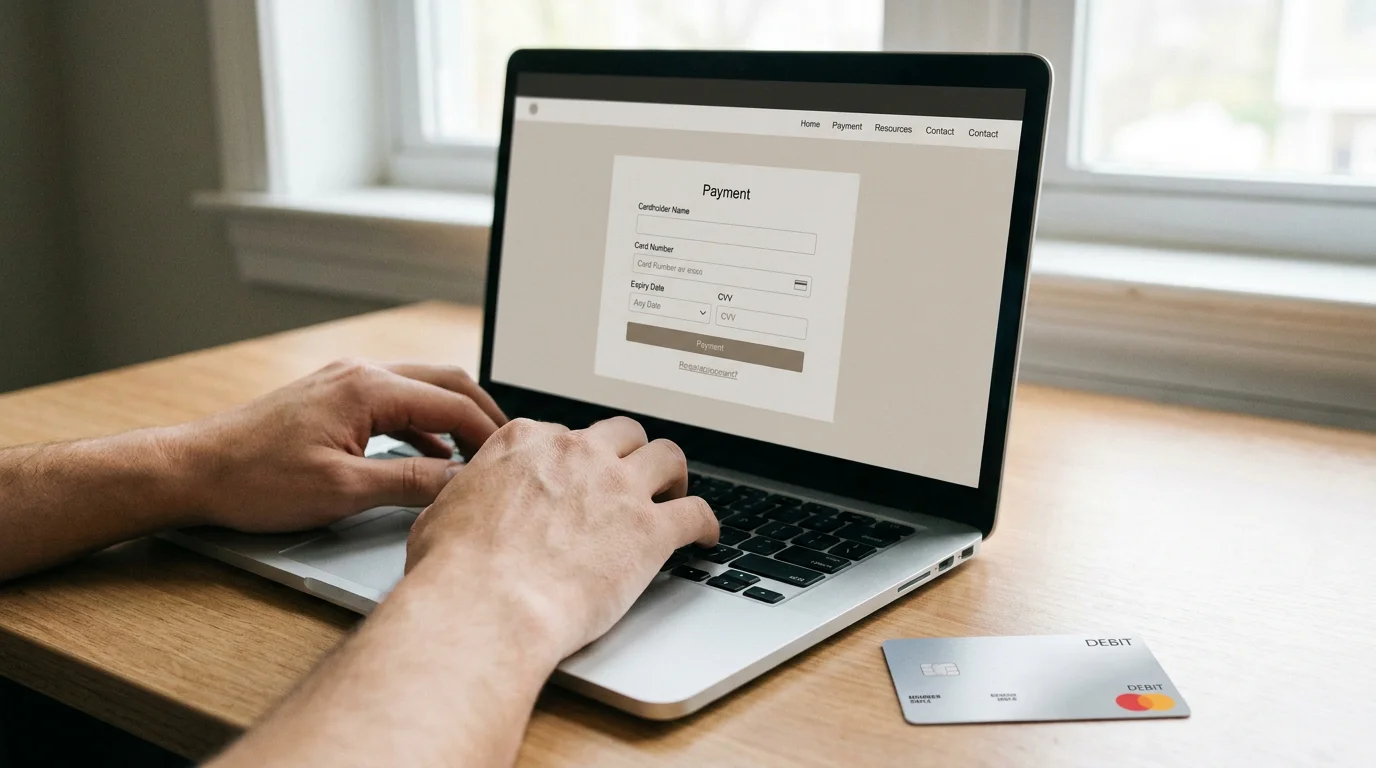 Person at clean desk reviewing a neutral online payment interface on laptop