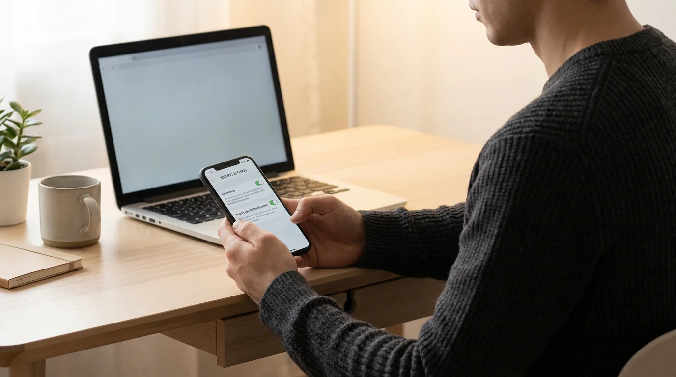 Person calmly reviewing a spending limits screen on a banking app at a clean desk