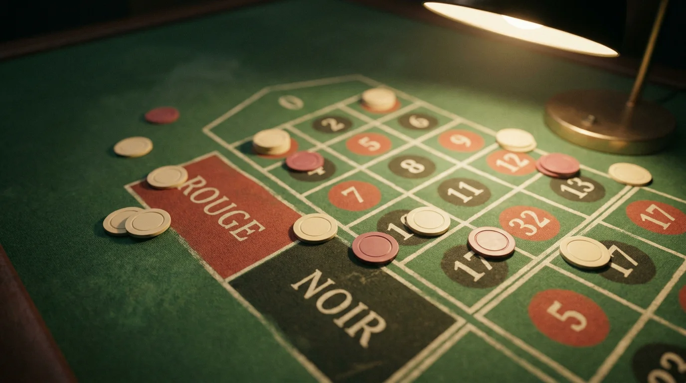 Roulette-Tableau mit Chips auf einfachen Chancen und Zahlenfeldern