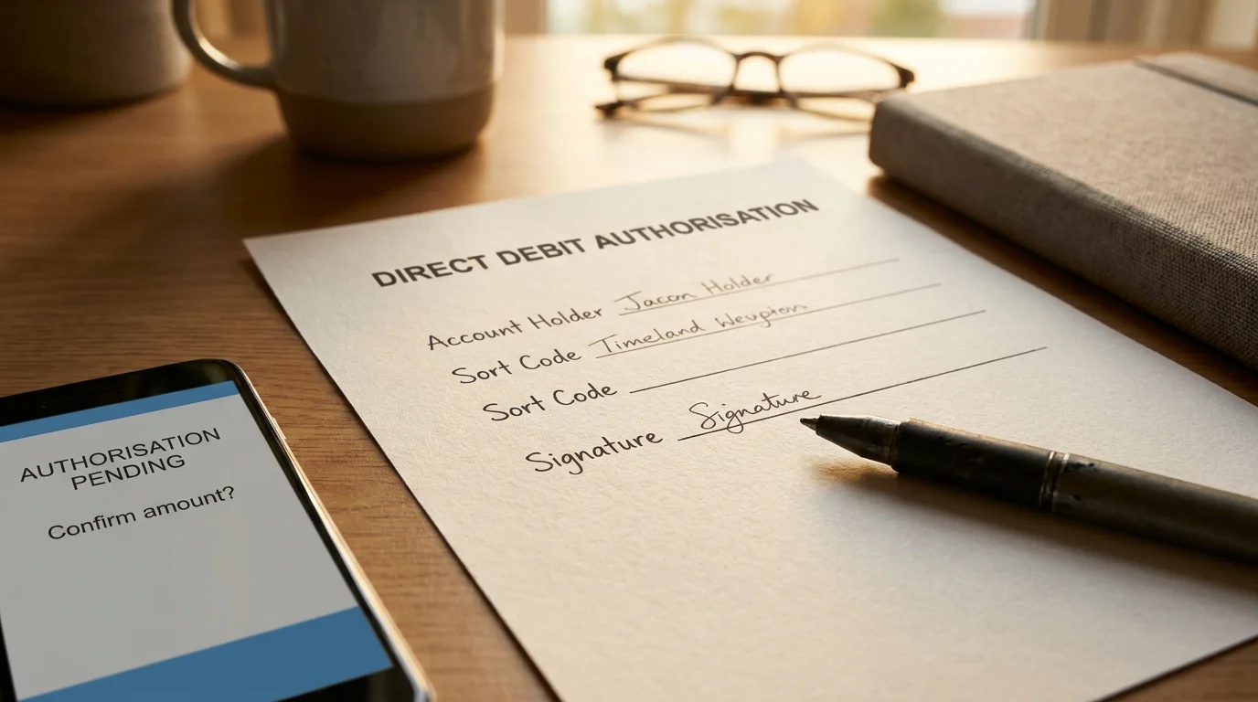 SEPA-Lastschriftmandat auf Papier neben einem Smartphone mit Banking-Freigabe