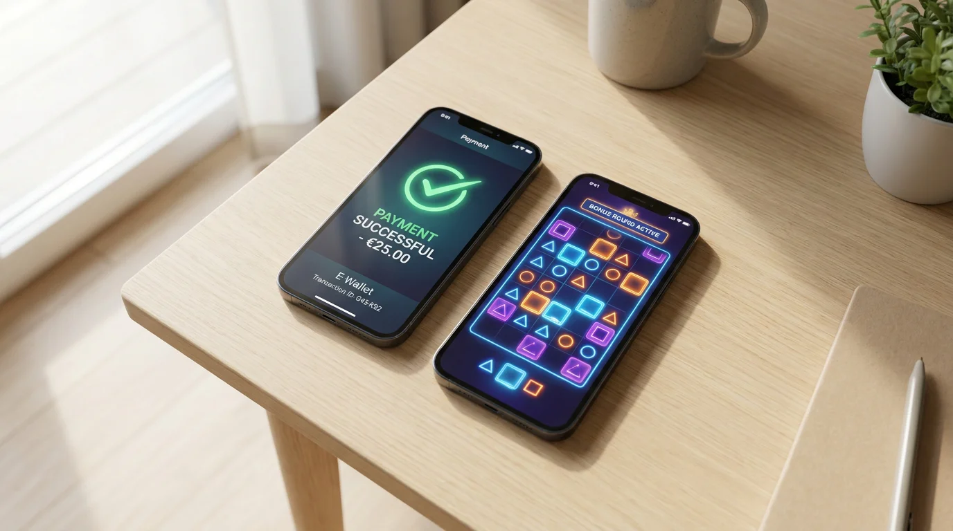 Skrill-App auf dem Smartphone neben geöffnetem mobilen Casino — Einzahlungsprozess unterwegs