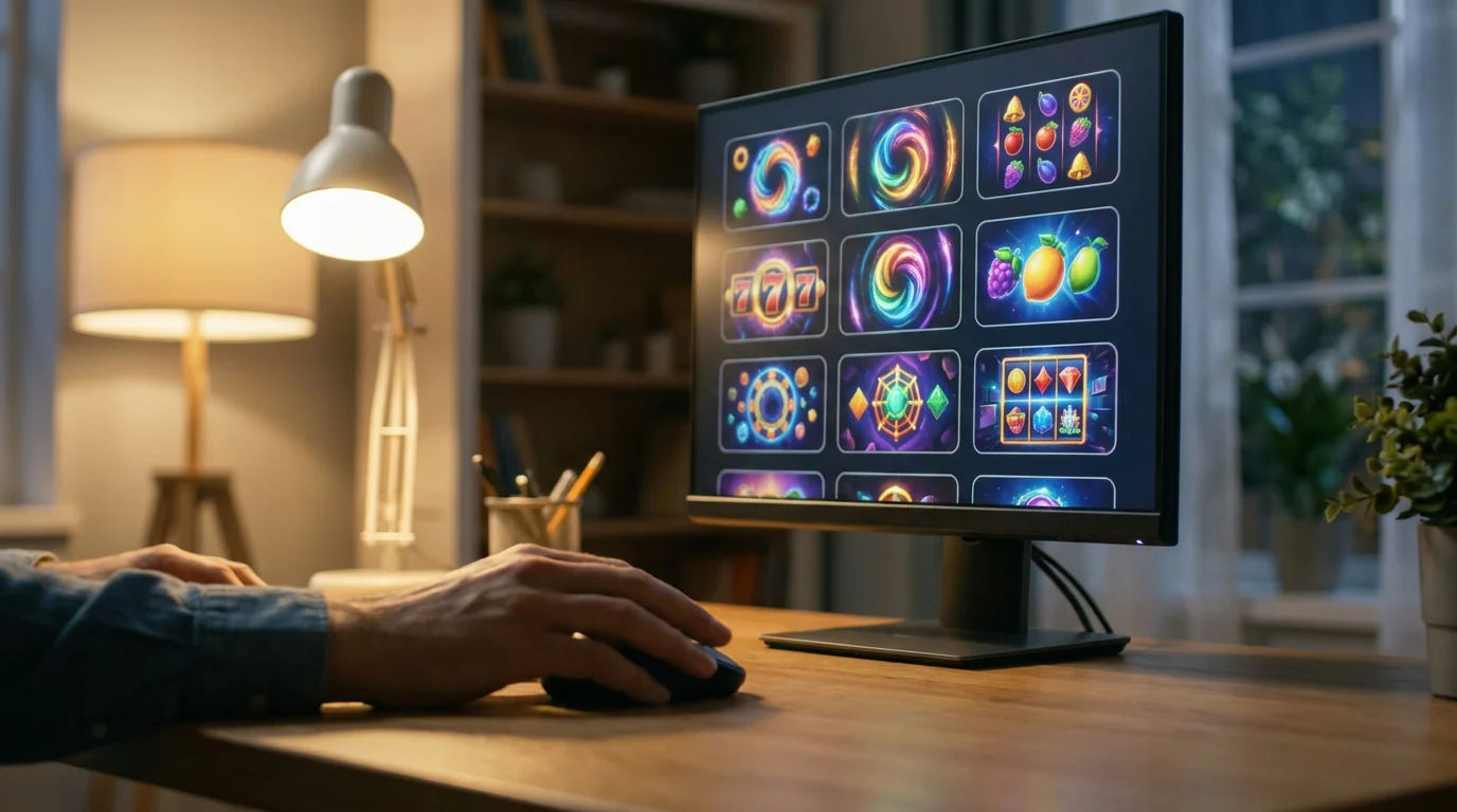 Slot-Provider Logos und Spieleauswahl auf einem Monitor