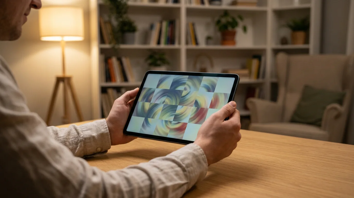 Person testet einen Spielautomaten im Demo-Modus am Tablet