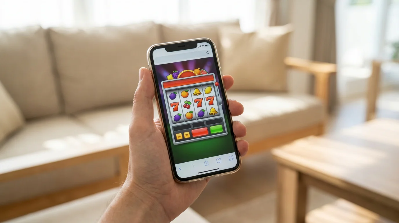 Smartphone mit laufendem Spielautomaten ohne Download im mobilen Browser