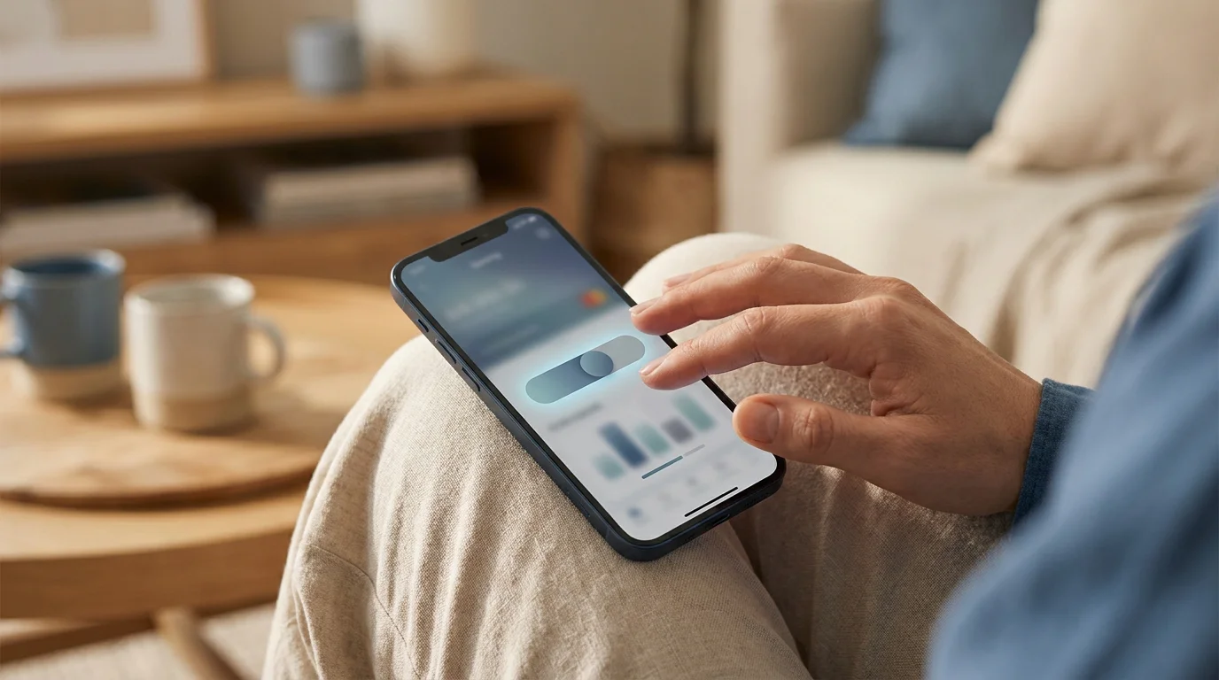 Ruhige Hand am Smartphone mit Einzahlungslimit als Symbol für Spielerschutz