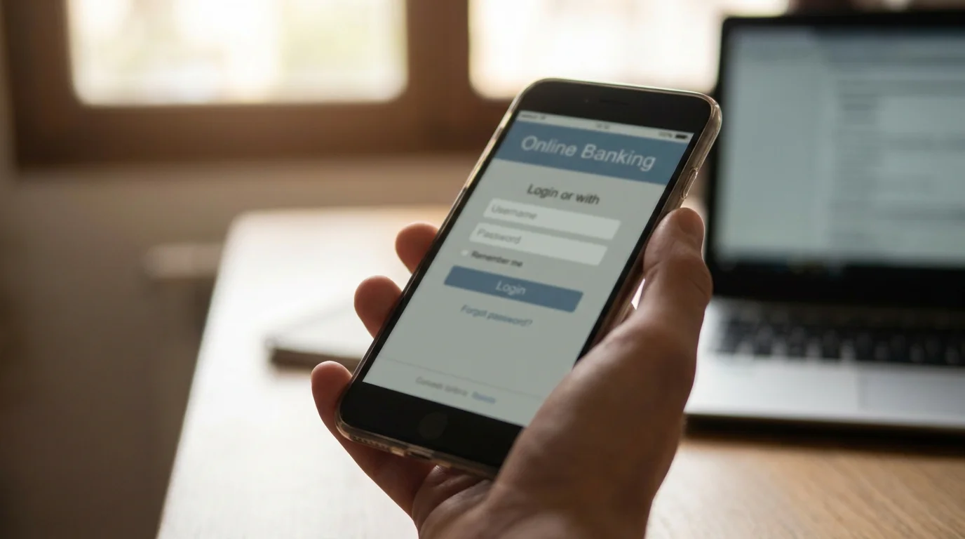 Hand hält Smartphone mit geöffneter Banking-Anmeldung für eine Trustly-Einzahlung