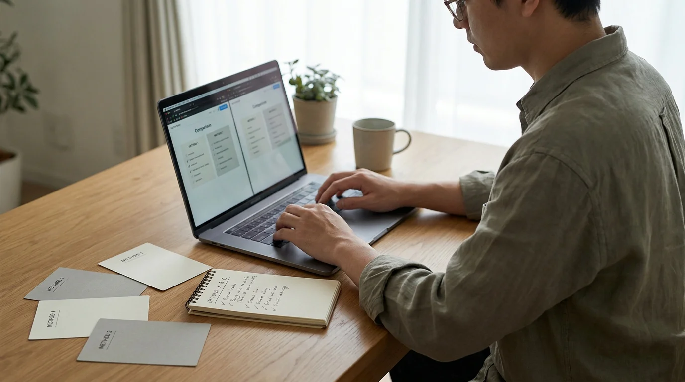 Person vergleicht mehrere Zahlungsmethoden am Laptop mit Notizen zu Trustly und Alternativen