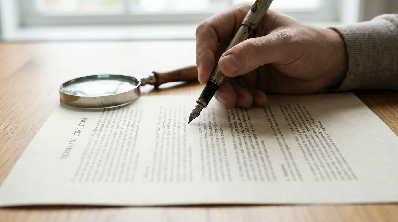 Hand mit Stift prüft die Bonusbedingungen eines Freispiel-Angebots auf Papier