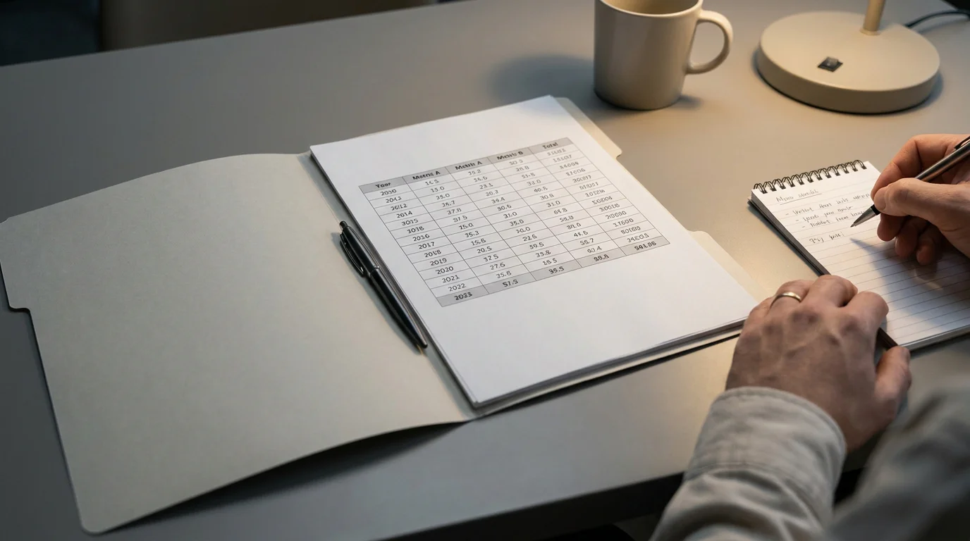 Aufgeklappte Dokumentenmappe mit einer Vergleichsübersicht zu Bonusbedingungen und einem Stift