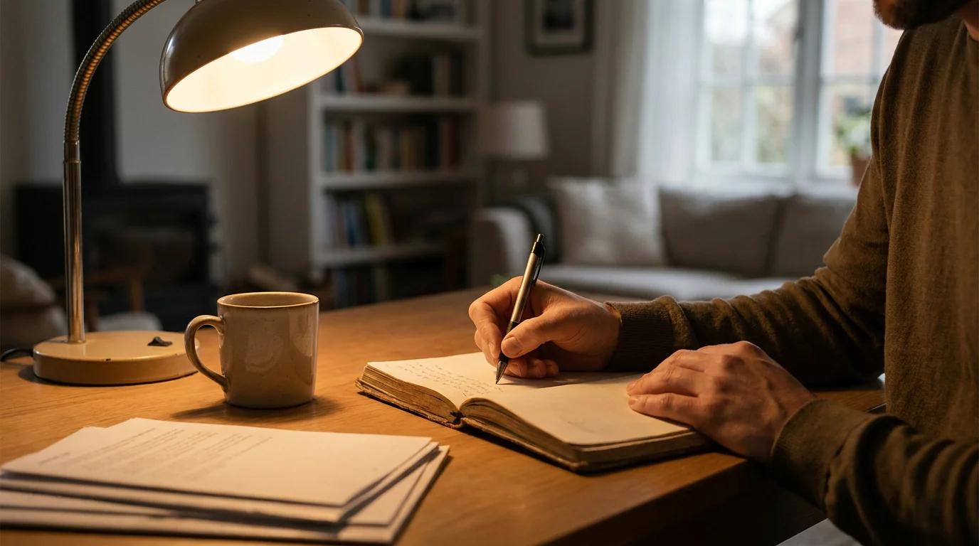 Person notiert bei ruhigem Licht ein festes Spielbudget in ein Notizbuch