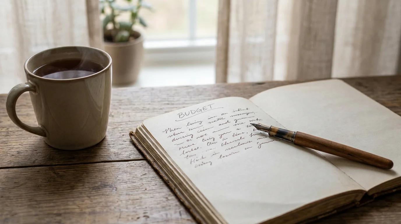 Ruhiger Schreibtisch mit Notizblock und einer handschriftlichen Budgetnotiz