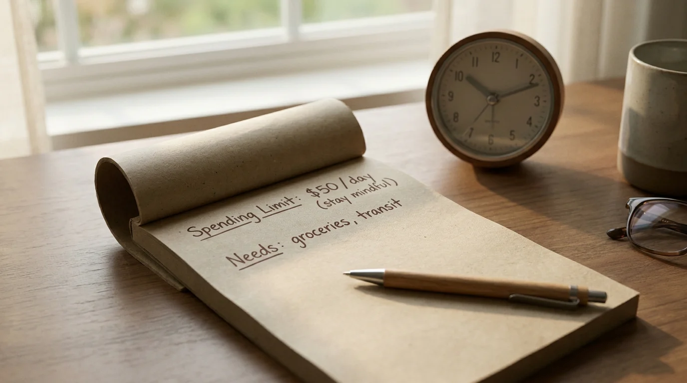 Notizblock mit handschriftlichem Einsatzlimit neben einer Uhr