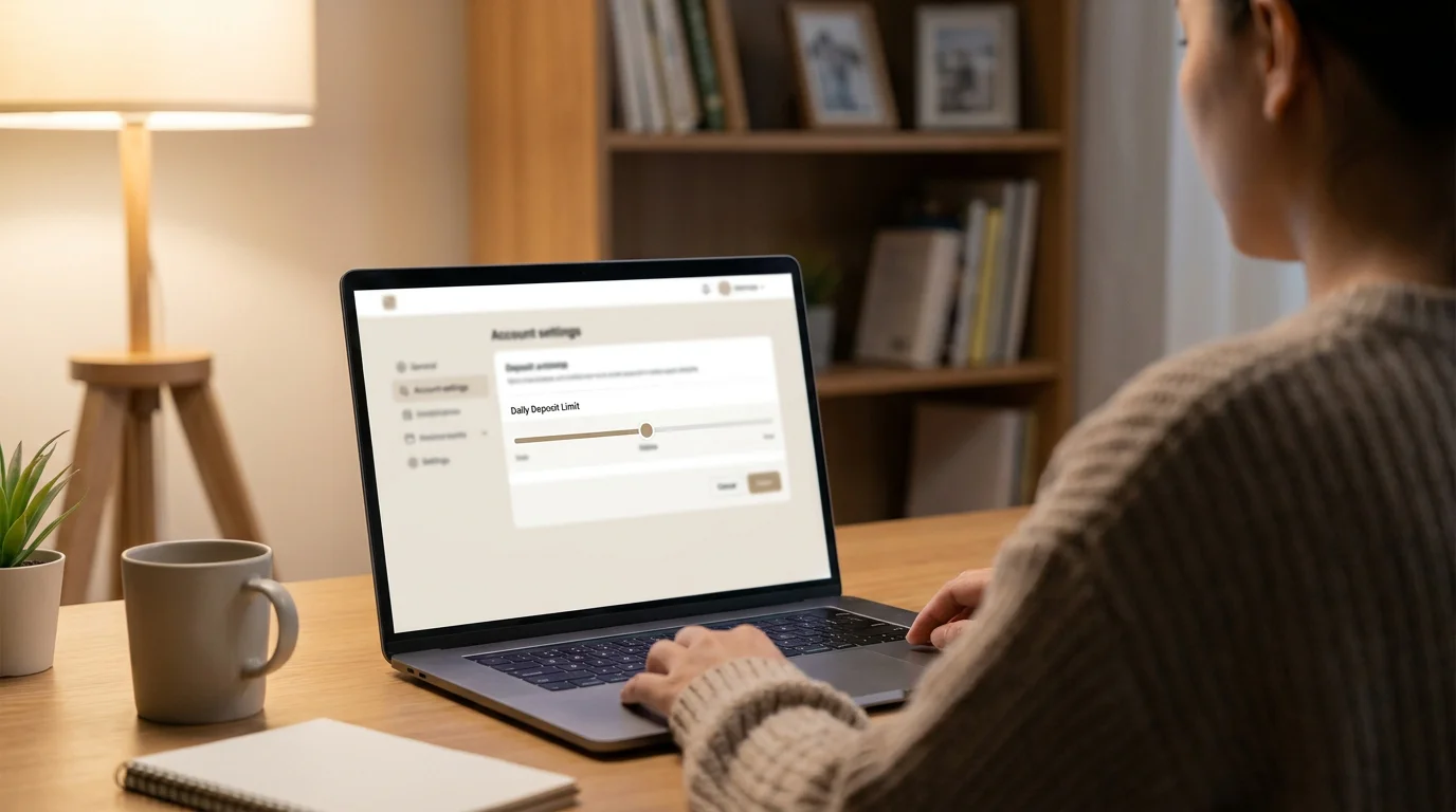 Person am Laptop stellt freiwilliges Einzahlungslimit im Online-Casino ein
