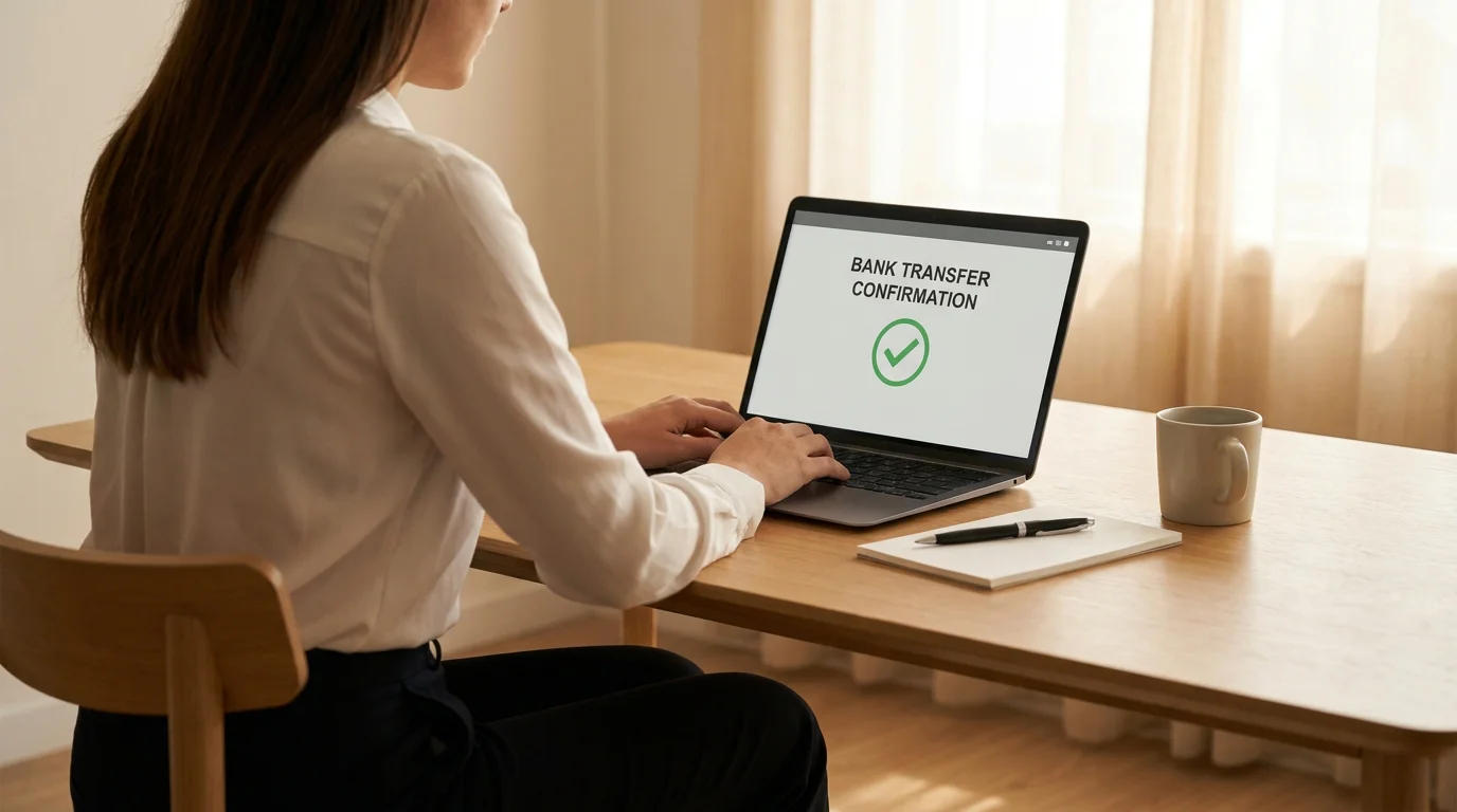 Person am Schreibtisch prüft Überweisungsbestätigung auf Laptop — Visa-Auszahlung vom Online-Casino