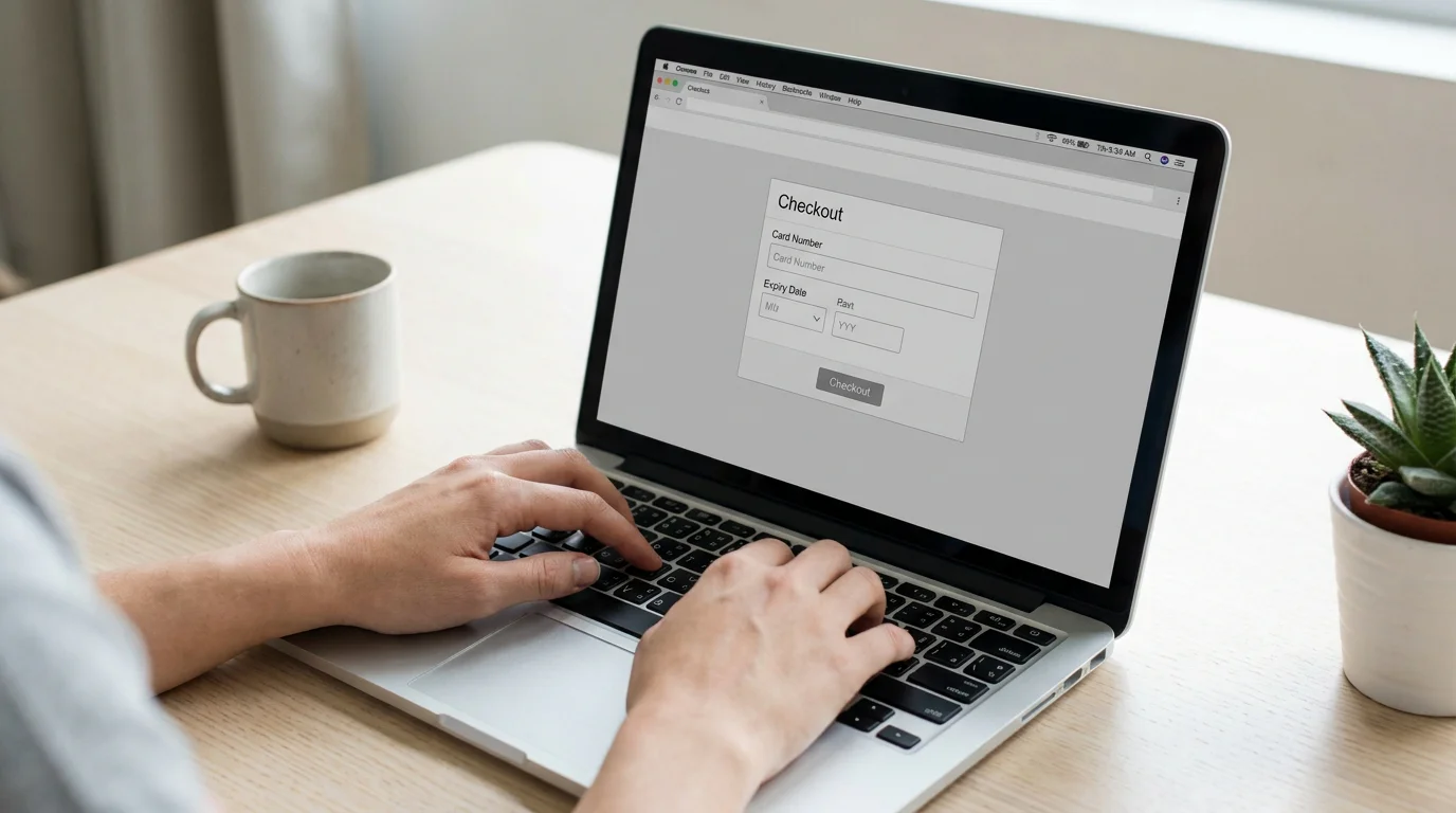 Hände tippen Kartendaten in Laptop-Kassenseite ein — Visa-Einzahlung im Online-Casino Schritt für Schritt