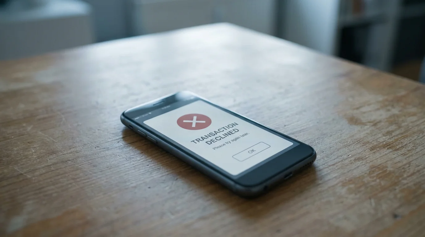 Smartphone zeigt rote Ablehnungsmeldung einer Banking-App — Visa-Zahlung ans Casino abgelehnt
