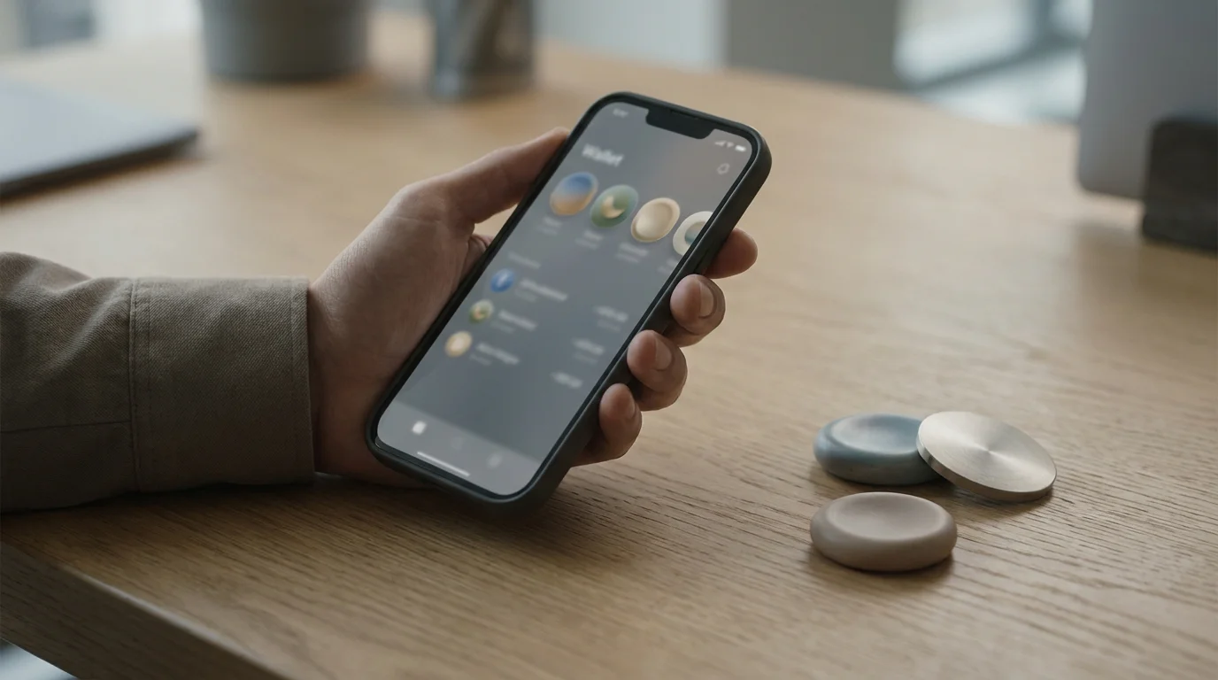 Smartphone mit neutraler Wallet-Ansicht und abstrakten Zahlungssymbolen ohne Markenzeichen