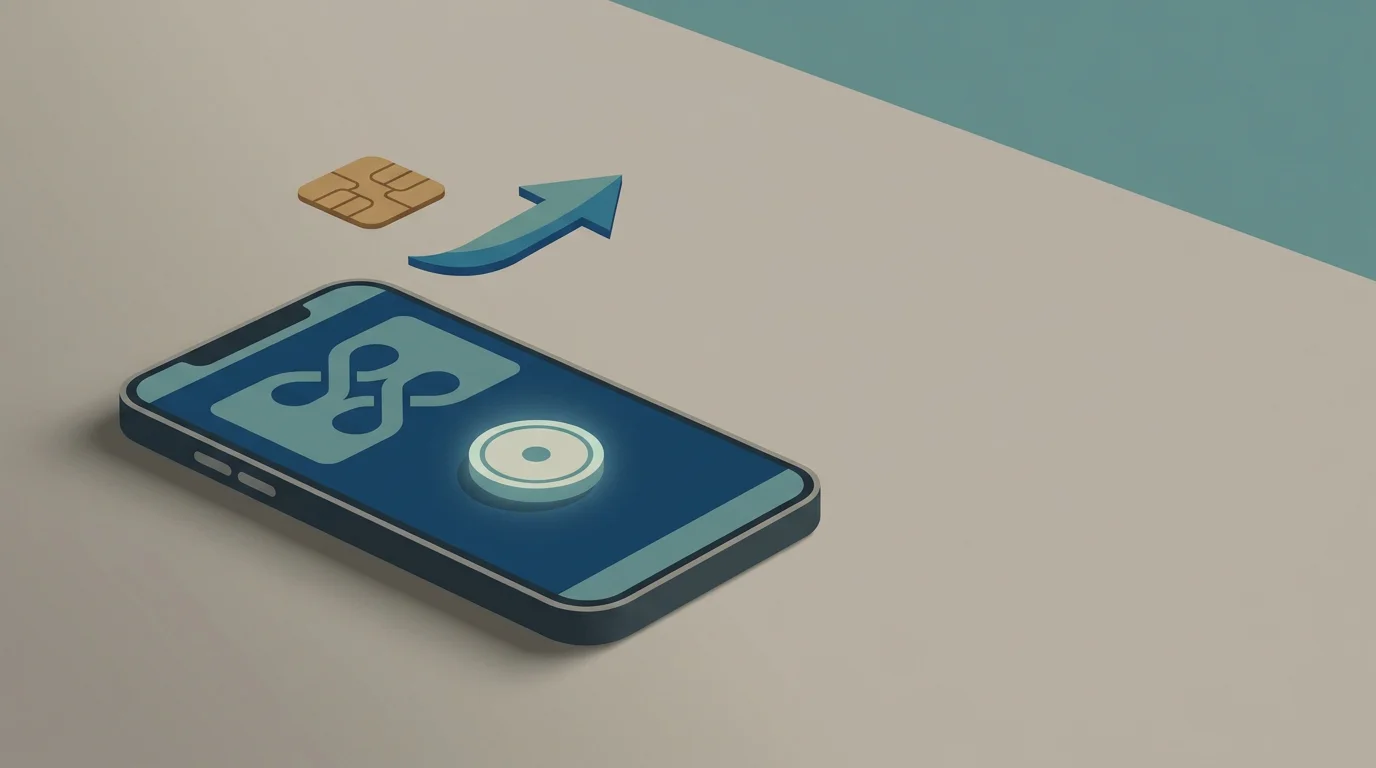 Smartphone mit neutraler Wallet-Oberfläche und abstraktem Zahlungssymbol auf einer schlichten Fläche